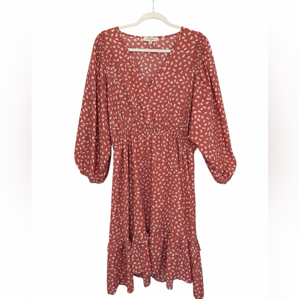 Umgee Coral Pink White Babydoll Dress V-Neck Smocked Waist Puff Sleeve Size 2XL